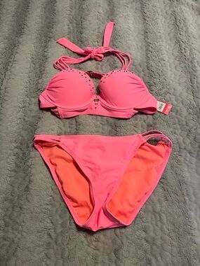 Xhilaration Bright Pink Studded Halter Bikini Set